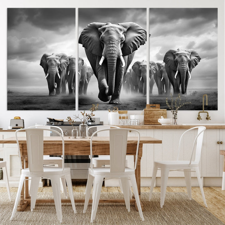 The Elephant Family Wall Art Canvas Print is displayed as a triptych. Each piece is gallery-wrapped on museum-quality canvases for an elegant finish.