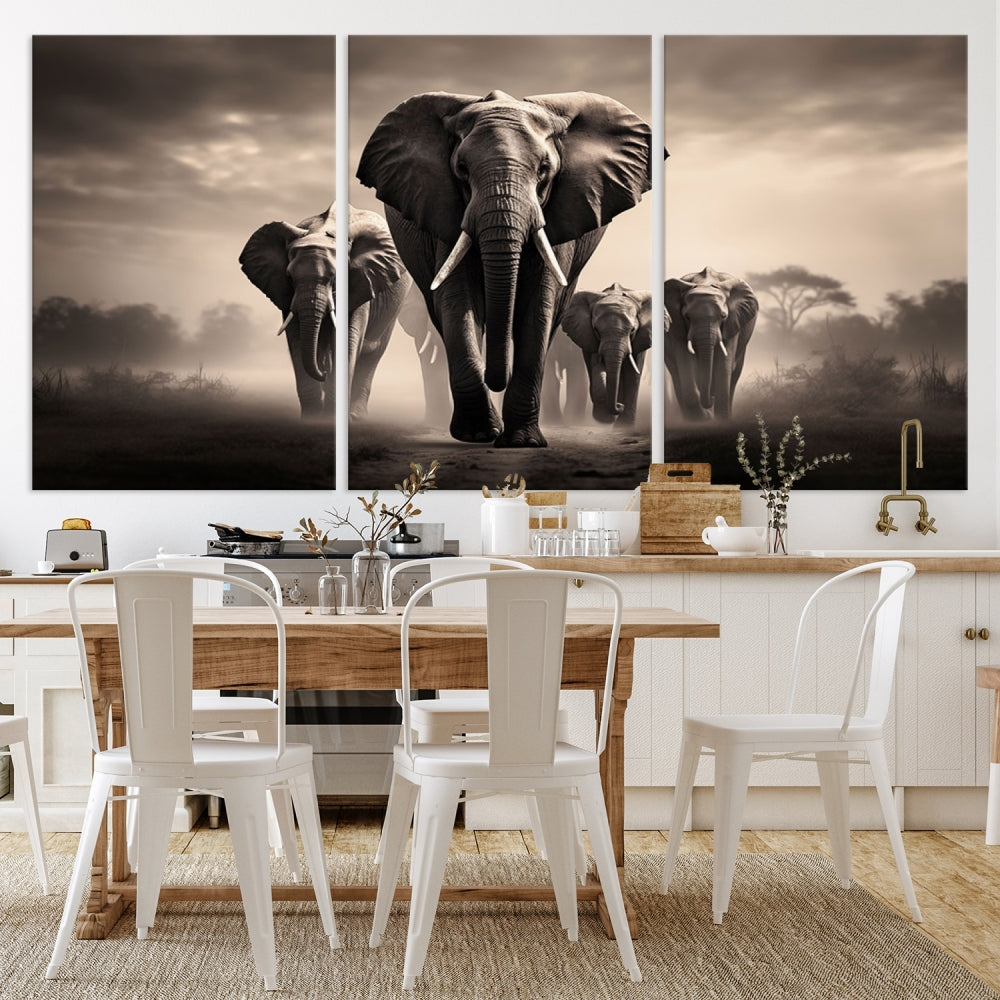 An Elephant Family Wall Art Canvas Print, designed with museum-quality canvas and a UV-protective coating, adorns the living room wall.