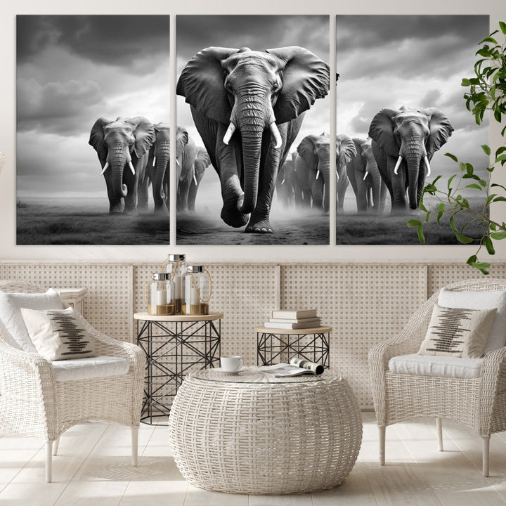 The Elephant Family Wall Art Canvas Print is displayed as a triptych. Each piece is gallery-wrapped on museum-quality canvases for an elegant finish.