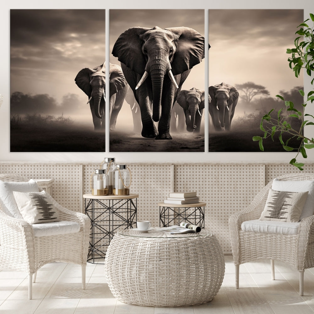 An Elephant Family Wall Art Canvas Print, designed with museum-quality canvas and a UV-protective coating, adorns the living room wall.