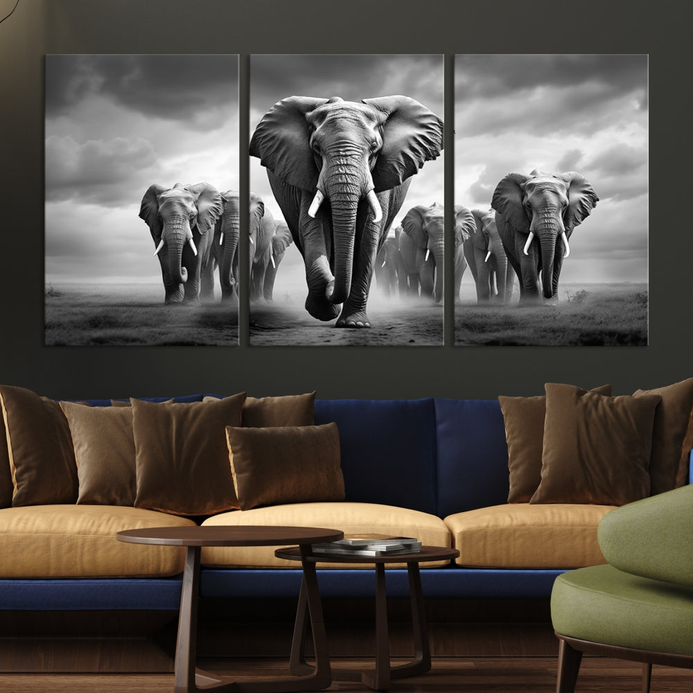 The Elephant Family Wall Art Canvas Print is displayed as a triptych. Each piece is gallery-wrapped on museum-quality canvases for an elegant finish.