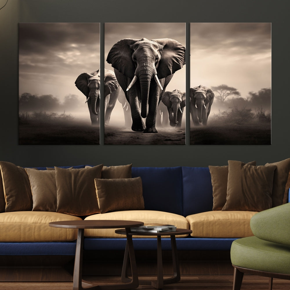 An Elephant Family Wall Art Canvas Print, designed with museum-quality canvas and a UV-protective coating, adorns the living room wall.