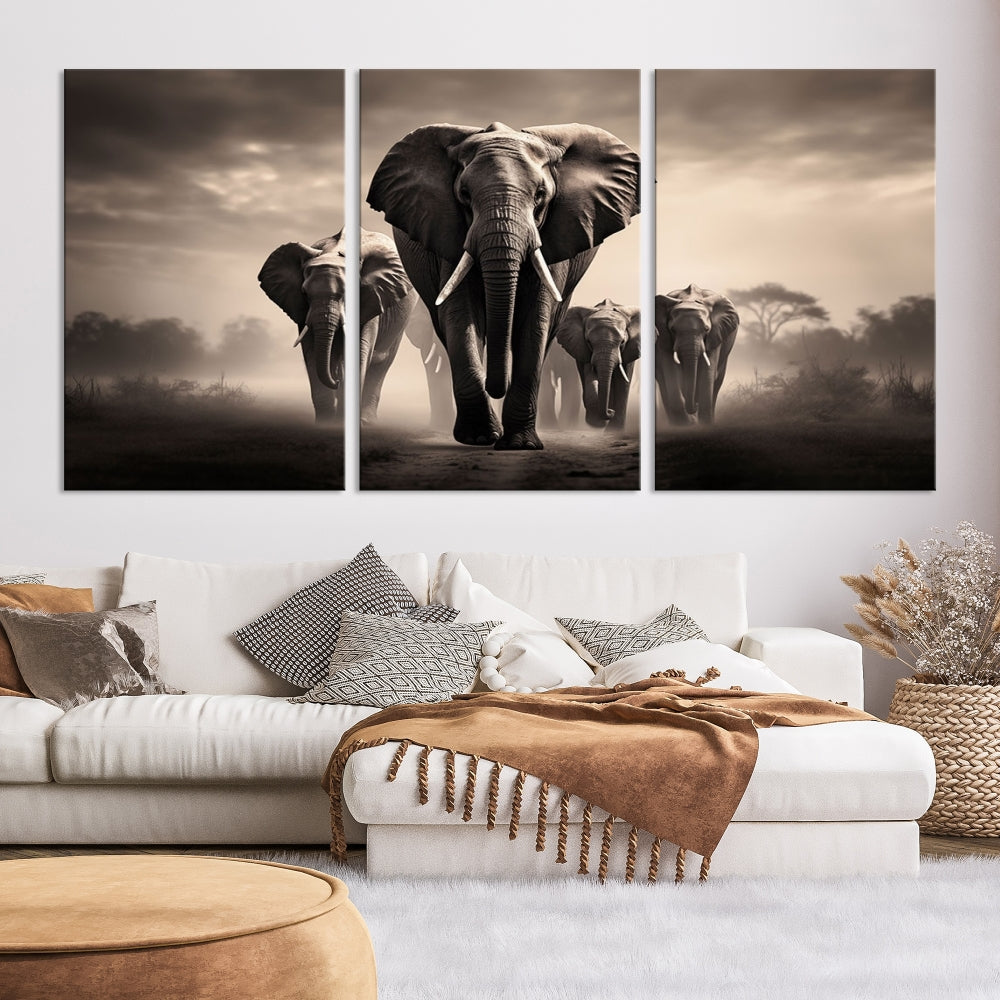 An Elephant Family Wall Art Canvas Print, designed with museum-quality canvas and a UV-protective coating, adorns the living room wall.