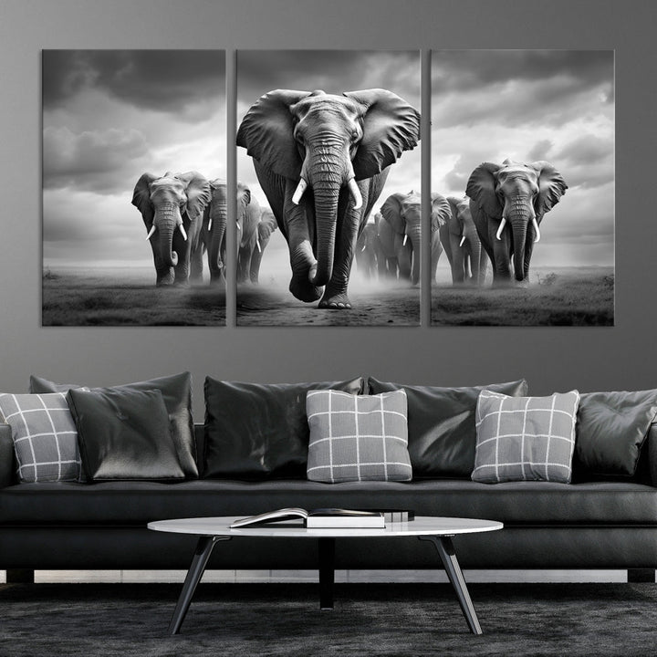 The Elephant Family Wall Art Canvas Print is displayed as a triptych. Each piece is gallery-wrapped on museum-quality canvases for an elegant finish.