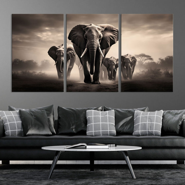 An Elephant Family Wall Art Canvas Print, designed with museum-quality canvas and a UV-protective coating, adorns the living room wall.