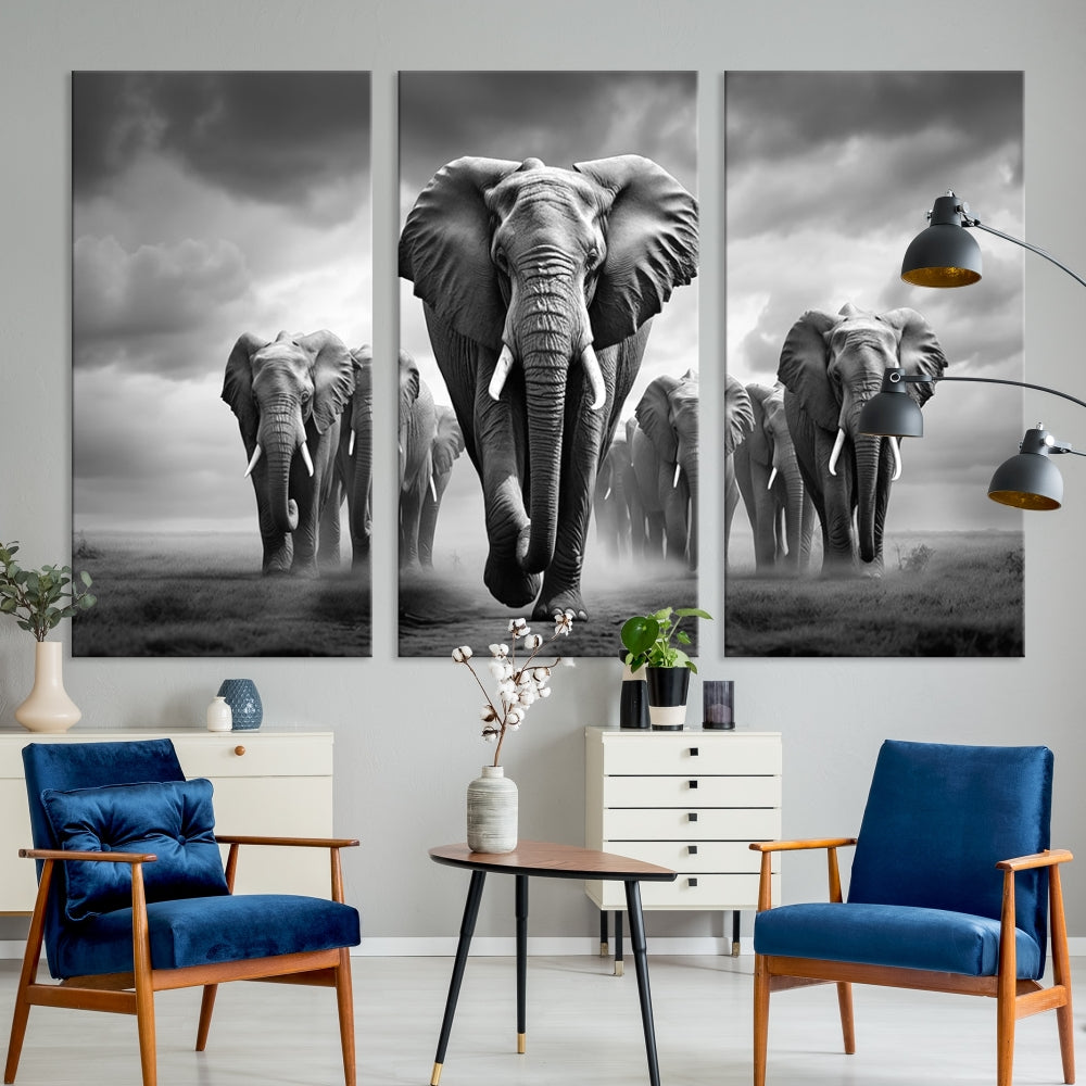 The Elephant Family Wall Art Canvas Print is displayed as a triptych. Each piece is gallery-wrapped on museum-quality canvases for an elegant finish.