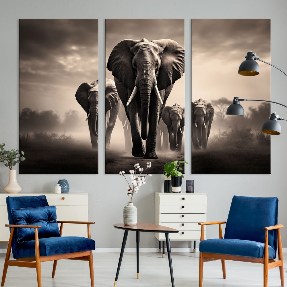 An Elephant Family Wall Art Canvas Print, designed with museum-quality canvas and a UV-protective coating, adorns the living room wall.