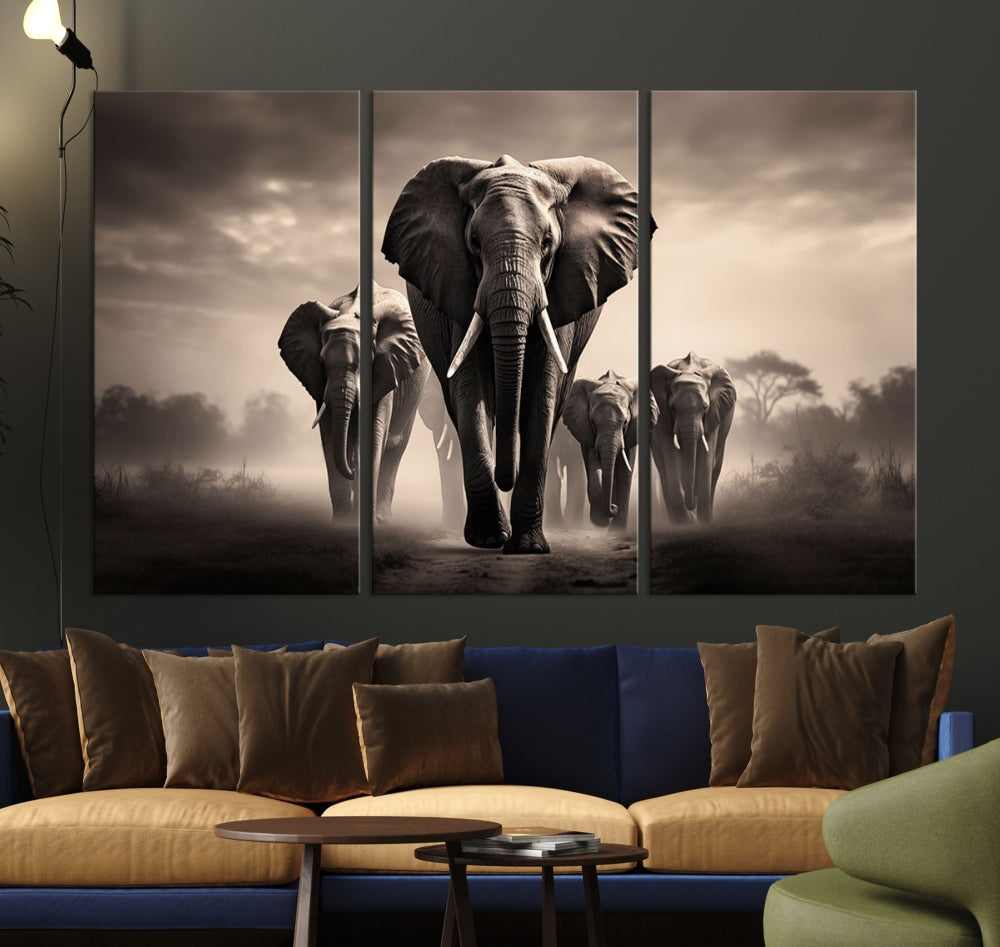 An Elephant Family Wall Art Canvas Print, designed with museum-quality canvas and a UV-protective coating, adorns the living room wall.