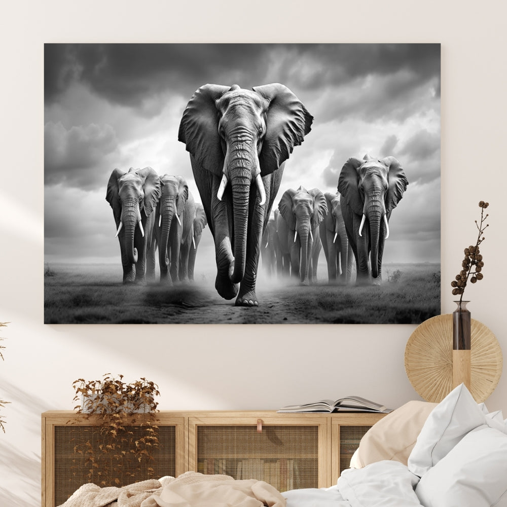 The Elephant Family Wall Art Canvas Print is displayed as a triptych. Each piece is gallery-wrapped on museum-quality canvases for an elegant finish.