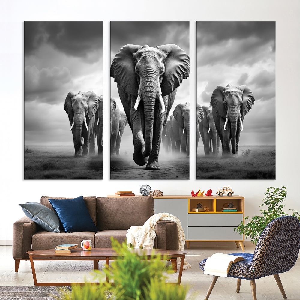 The Elephant Family Wall Art Canvas Print is displayed as a triptych. Each piece is gallery-wrapped on museum-quality canvases for an elegant finish.