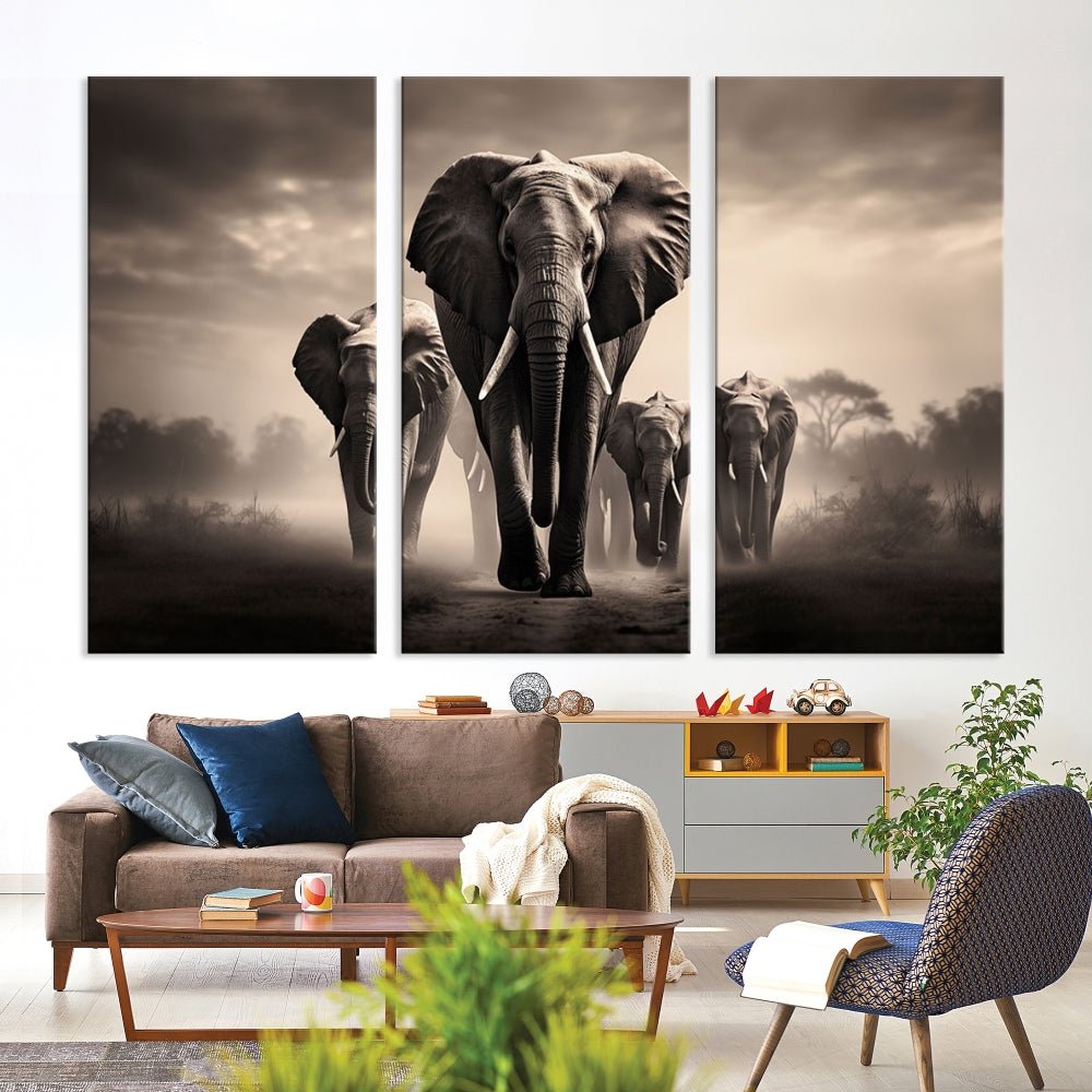 An Elephant Family Wall Art Canvas Print, designed with museum-quality canvas and a UV-protective coating, adorns the living room wall.