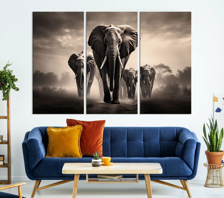 An Elephant Family Wall Art Canvas Print, designed with museum-quality canvas and a UV-protective coating, adorns the living room wall.