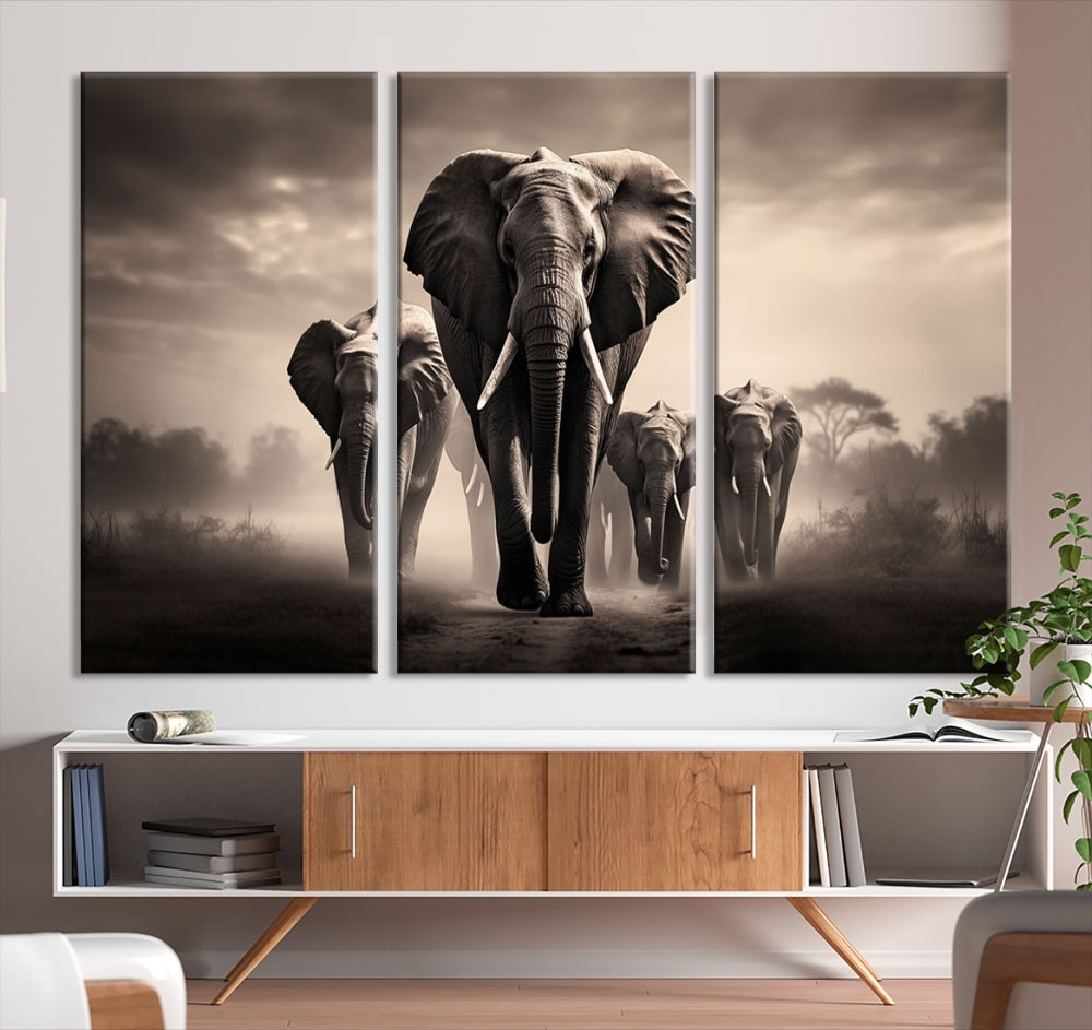 An Elephant Family Wall Art Canvas Print, designed with museum-quality canvas and a UV-protective coating, adorns the living room wall.