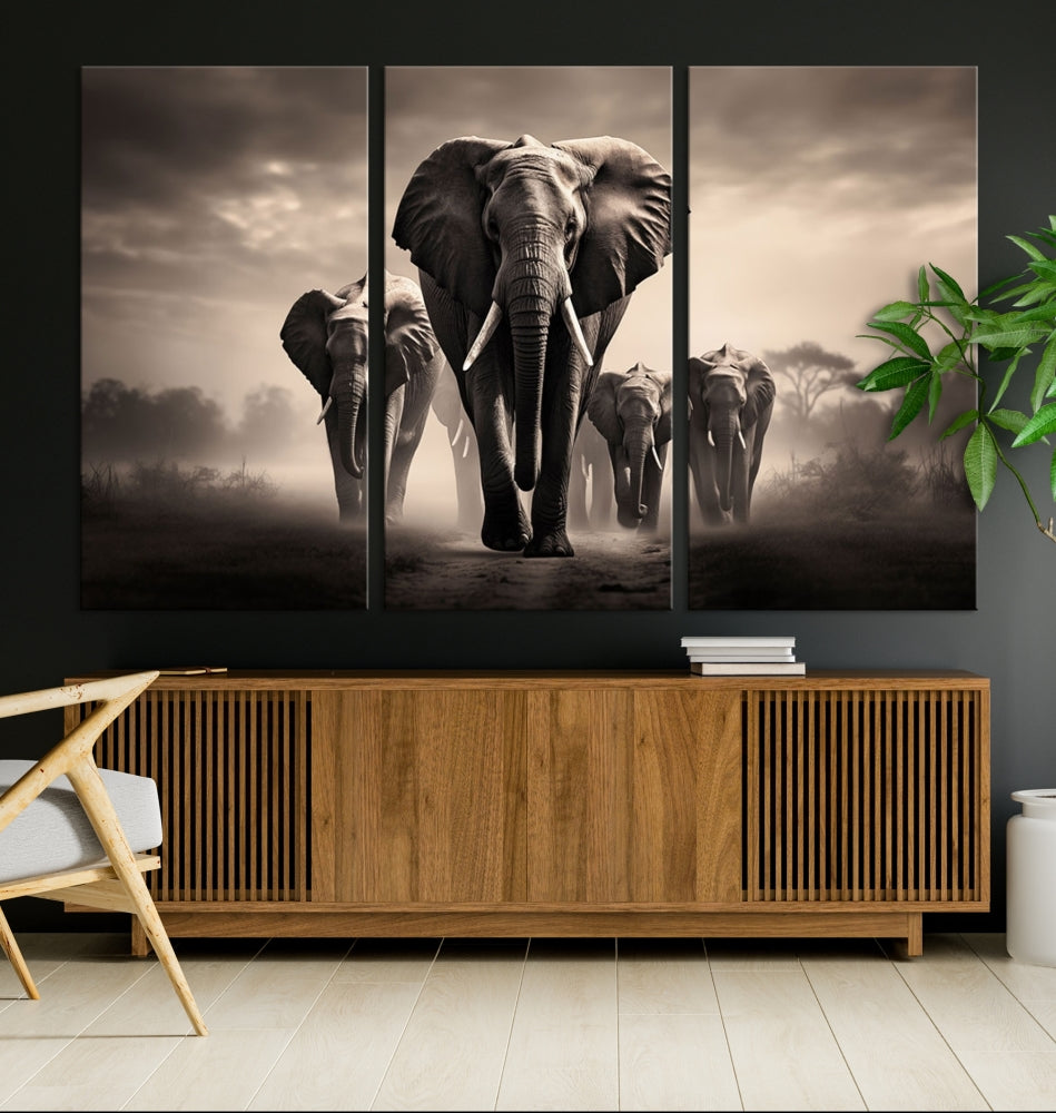 An Elephant Family Wall Art Canvas Print, designed with museum-quality canvas and a UV-protective coating, adorns the living room wall.