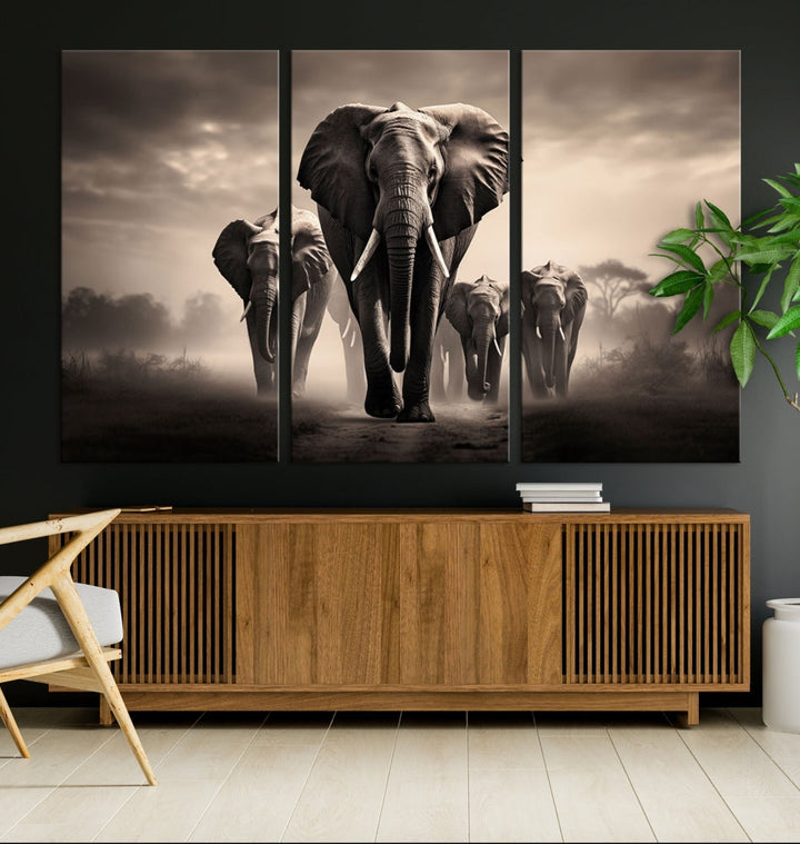 An Elephant Family Wall Art Canvas Print, designed with museum-quality canvas and a UV-protective coating, adorns the living room wall.