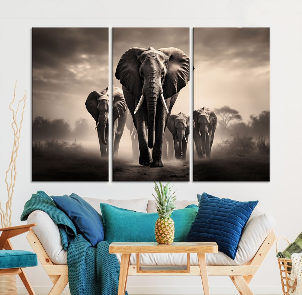 An Elephant Family Wall Art Canvas Print, designed with museum-quality canvas and a UV-protective coating, adorns the living room wall.