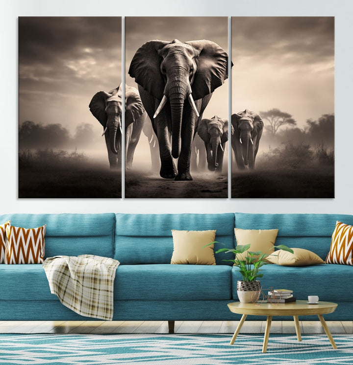 An Elephant Family Wall Art Canvas Print, designed with museum-quality canvas and a UV-protective coating, adorns the living room wall.