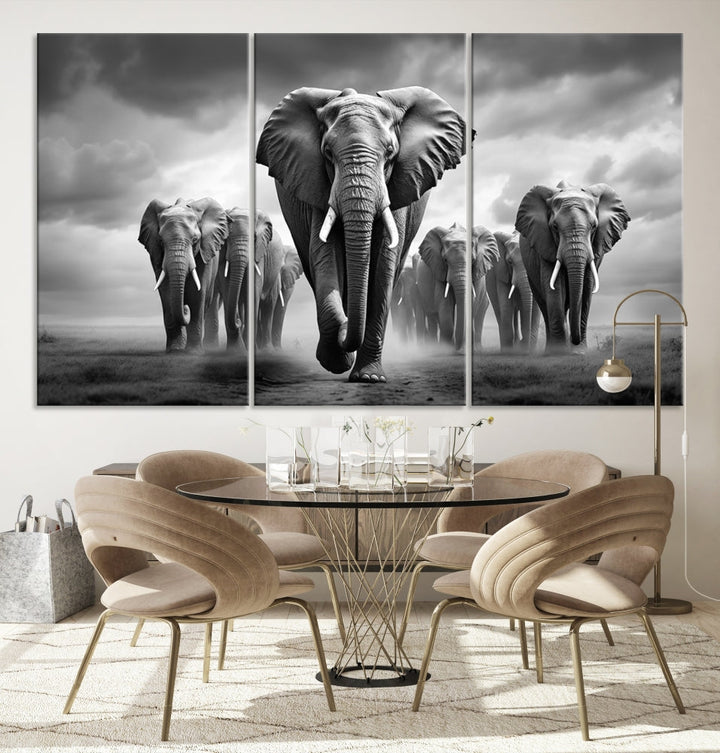 The Elephant Family Wall Art Canvas Print is displayed as a triptych. Each piece is gallery-wrapped on museum-quality canvases for an elegant finish.