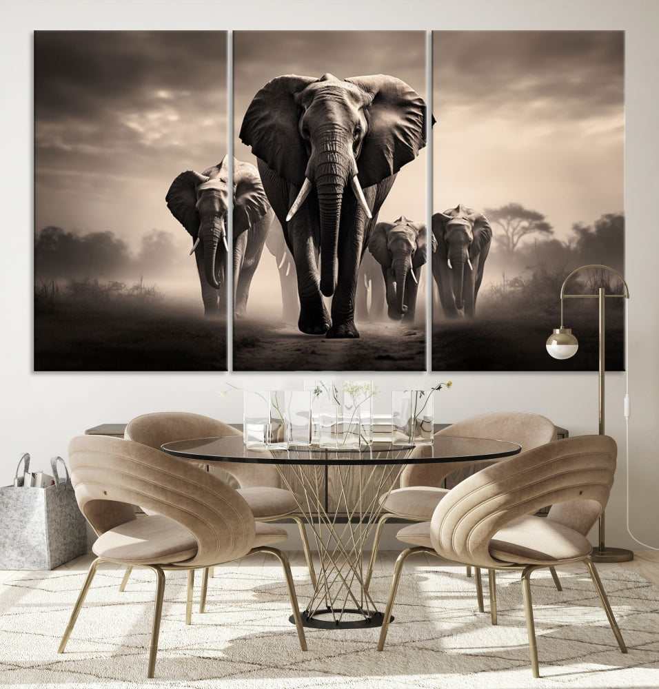 An Elephant Family Wall Art Canvas Print, designed with museum-quality canvas and a UV-protective coating, adorns the living room wall.