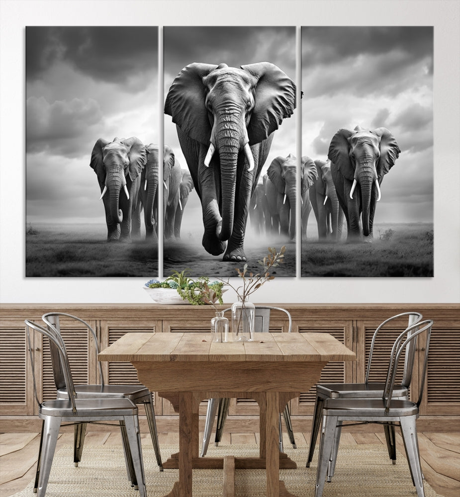 The Elephant Family Wall Art Canvas Print is displayed as a triptych. Each piece is gallery-wrapped on museum-quality canvases for an elegant finish.