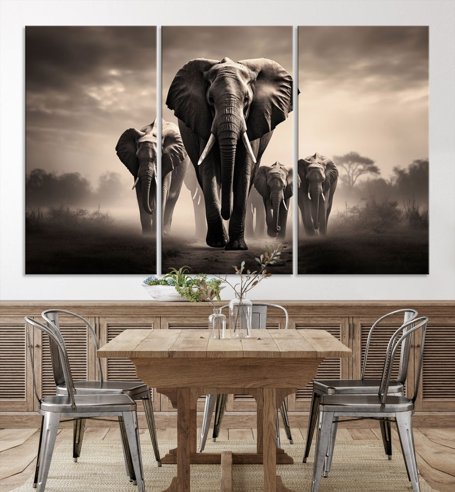 An Elephant Family Wall Art Canvas Print, designed with museum-quality canvas and a UV-protective coating, adorns the living room wall.