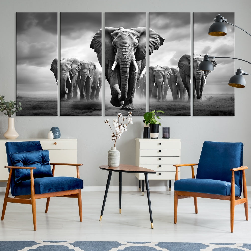 The Elephant Family Wall Art Canvas Print is displayed as a triptych. Each piece is gallery-wrapped on museum-quality canvases for an elegant finish.