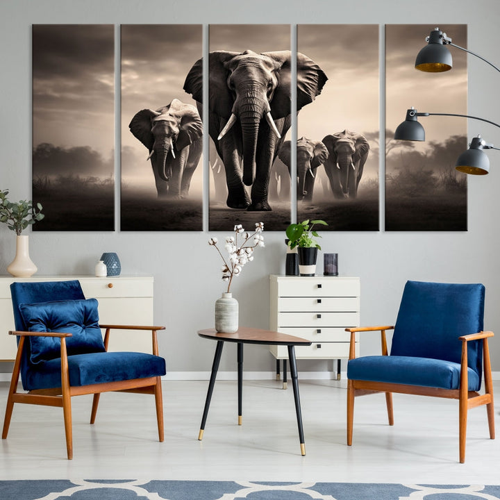 An Elephant Family Wall Art Canvas Print, designed with museum-quality canvas and a UV-protective coating, adorns the living room wall.