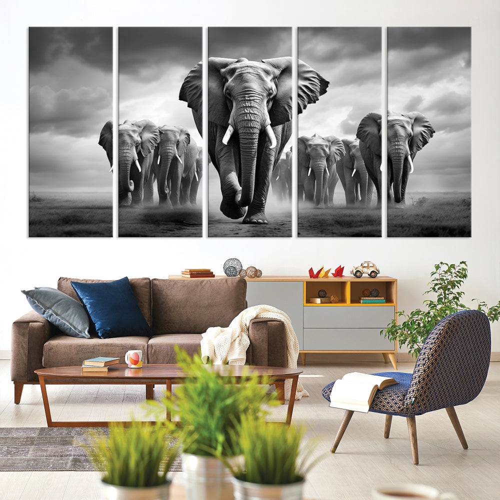 The Elephant Family Wall Art Canvas Print is displayed as a triptych. Each piece is gallery-wrapped on museum-quality canvases for an elegant finish.