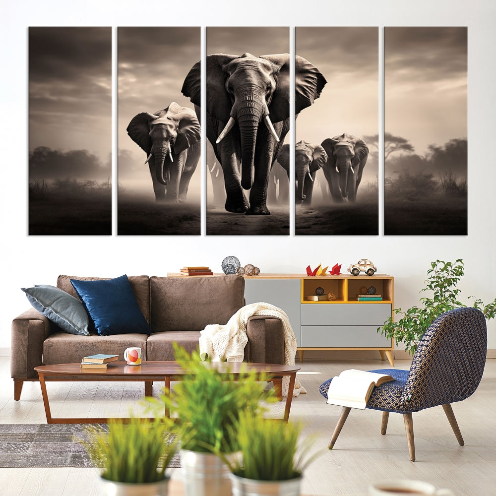 An Elephant Family Wall Art Canvas Print, designed with museum-quality canvas and a UV-protective coating, adorns the living room wall.