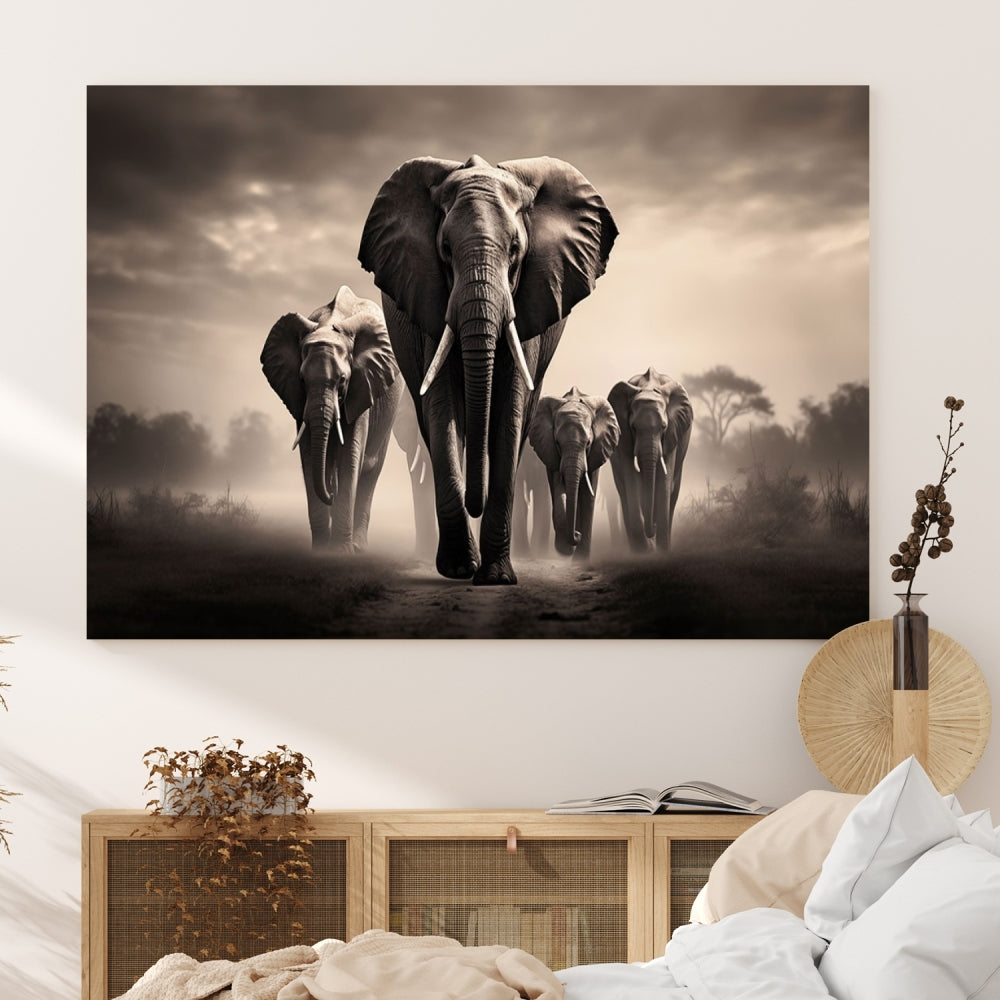 An Elephant Family Wall Art Canvas Print, designed with museum-quality canvas and a UV-protective coating, adorns the living room wall.