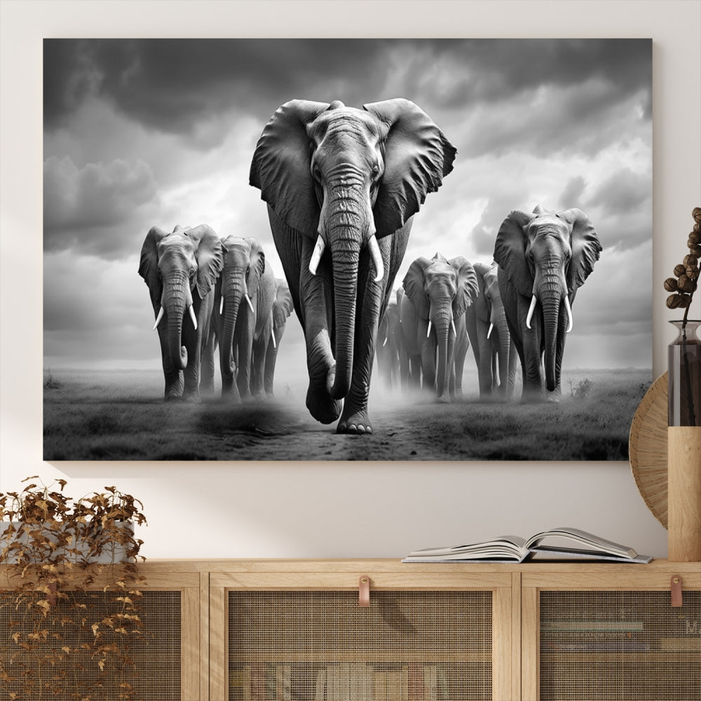 The Elephant Family Wall Art Canvas Print is displayed as a triptych. Each piece is gallery-wrapped on museum-quality canvases for an elegant finish.