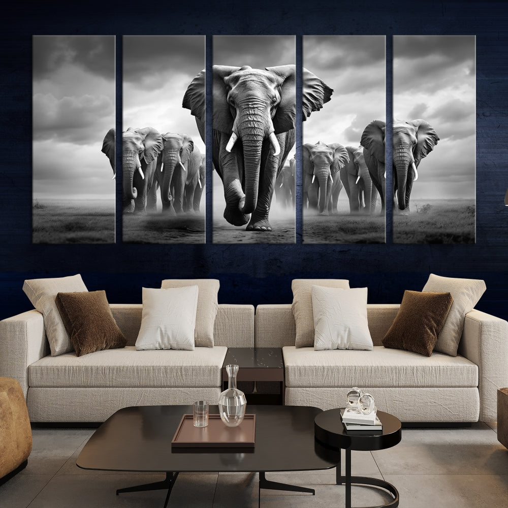 The Elephant Family Wall Art Canvas Print is displayed as a triptych. Each piece is gallery-wrapped on museum-quality canvases for an elegant finish.