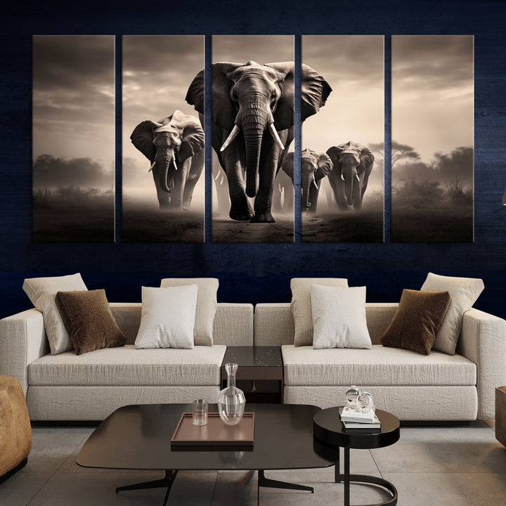 An Elephant Family Wall Art Canvas Print, designed with museum-quality canvas and a UV-protective coating, adorns the living room wall.