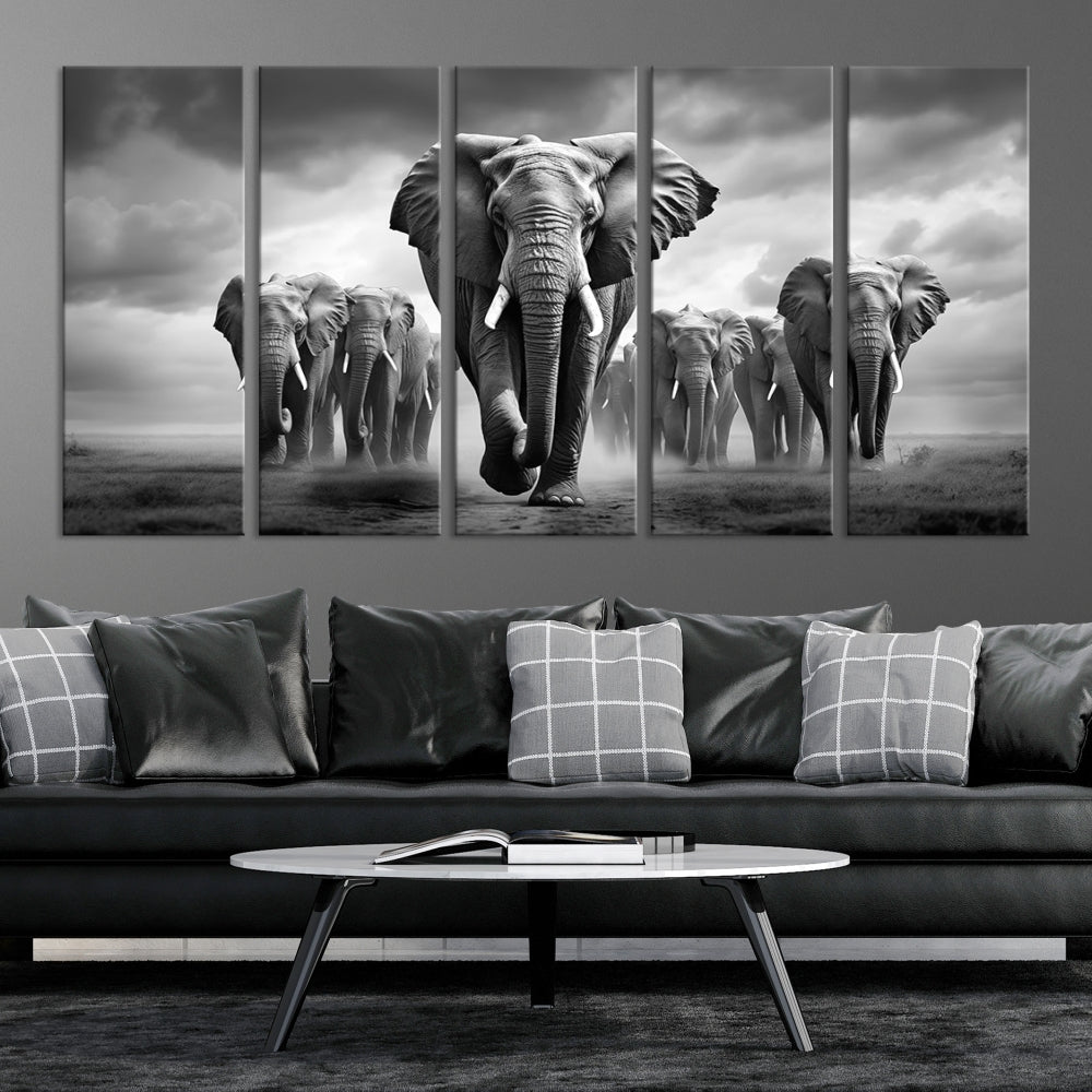 The Elephant Family Wall Art Canvas Print is displayed as a triptych. Each piece is gallery-wrapped on museum-quality canvases for an elegant finish.