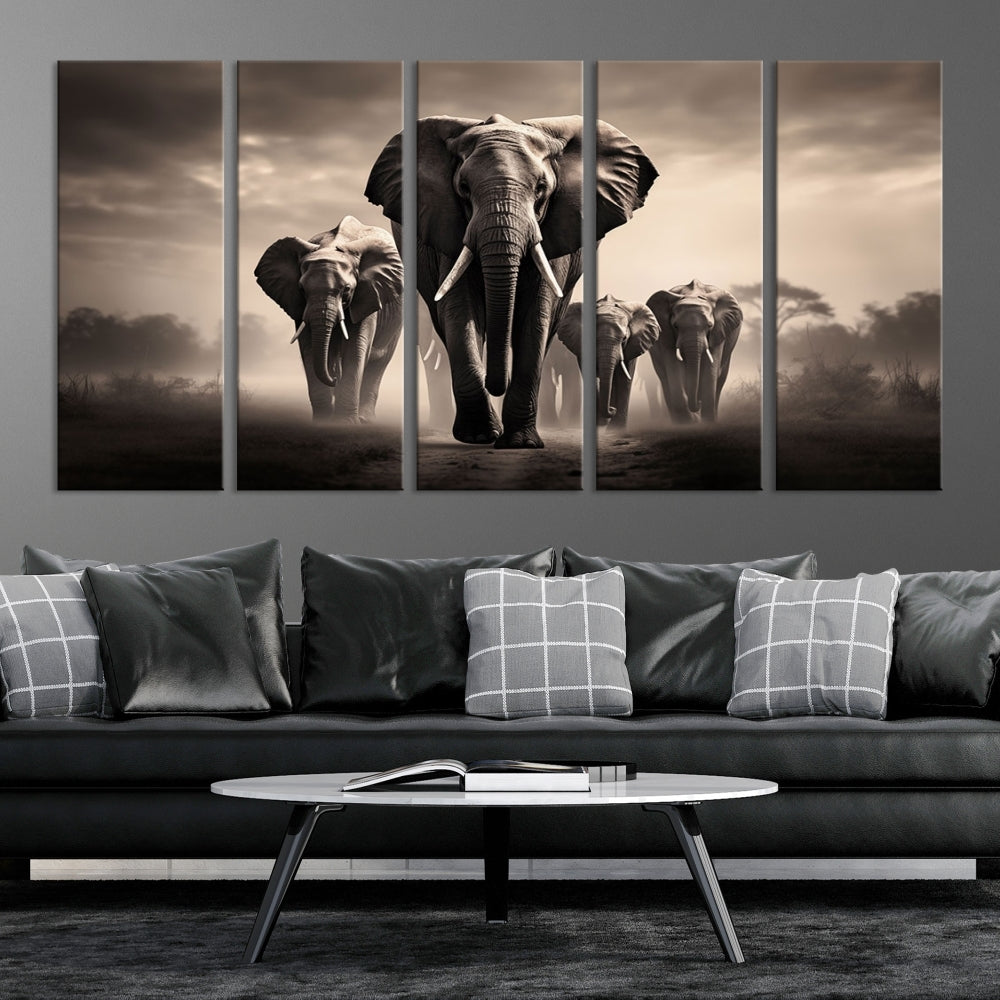 An Elephant Family Wall Art Canvas Print, designed with museum-quality canvas and a UV-protective coating, adorns the living room wall.