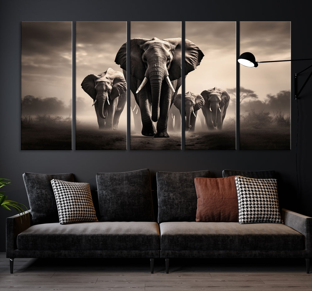 An Elephant Family Wall Art Canvas Print, designed with museum-quality canvas and a UV-protective coating, adorns the living room wall.