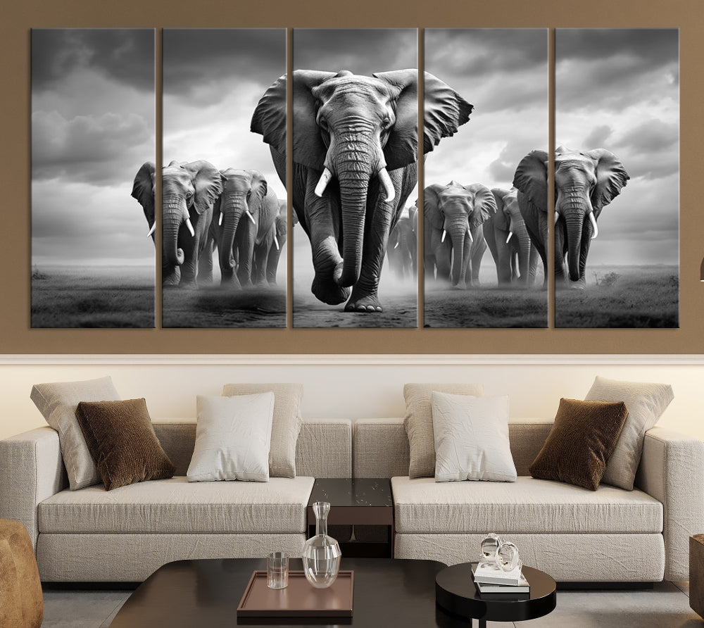 The Elephant Family Wall Art Canvas Print is displayed as a triptych. Each piece is gallery-wrapped on museum-quality canvases for an elegant finish.