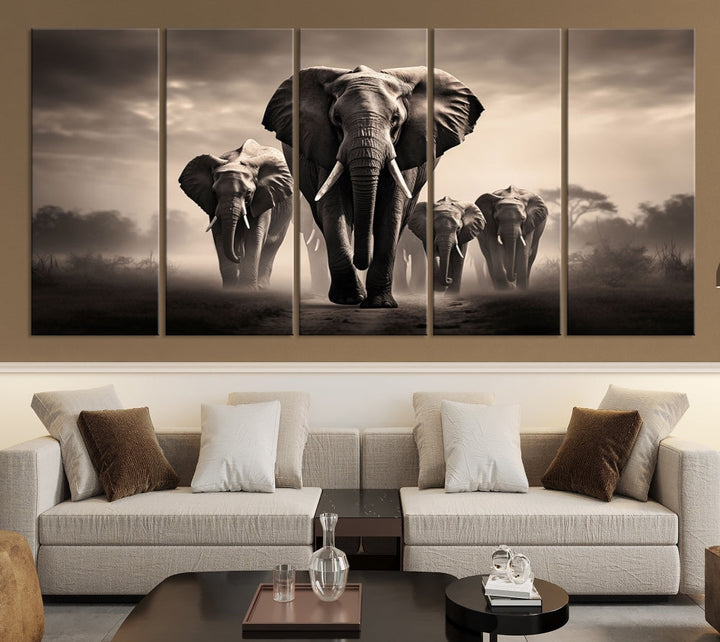 An Elephant Family Wall Art Canvas Print, designed with museum-quality canvas and a UV-protective coating, adorns the living room wall.