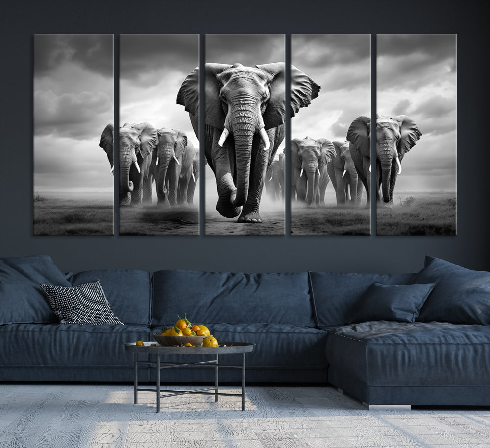 The Elephant Family Wall Art Canvas Print is displayed as a triptych. Each piece is gallery-wrapped on museum-quality canvases for an elegant finish.