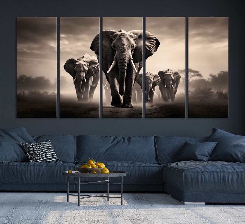 An Elephant Family Wall Art Canvas Print, designed with museum-quality canvas and a UV-protective coating, adorns the living room wall.