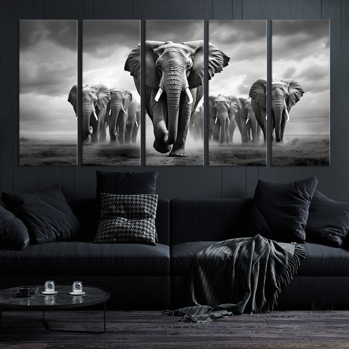 The Elephant Family Wall Art Canvas Print is displayed as a triptych. Each piece is gallery-wrapped on museum-quality canvases for an elegant finish.