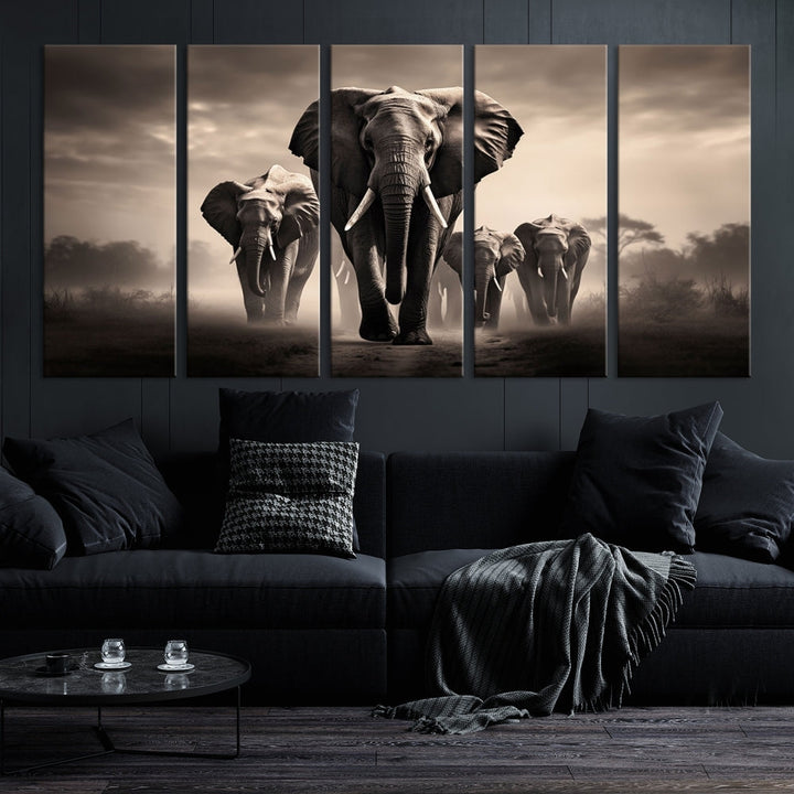 An Elephant Family Wall Art Canvas Print, designed with museum-quality canvas and a UV-protective coating, adorns the living room wall.