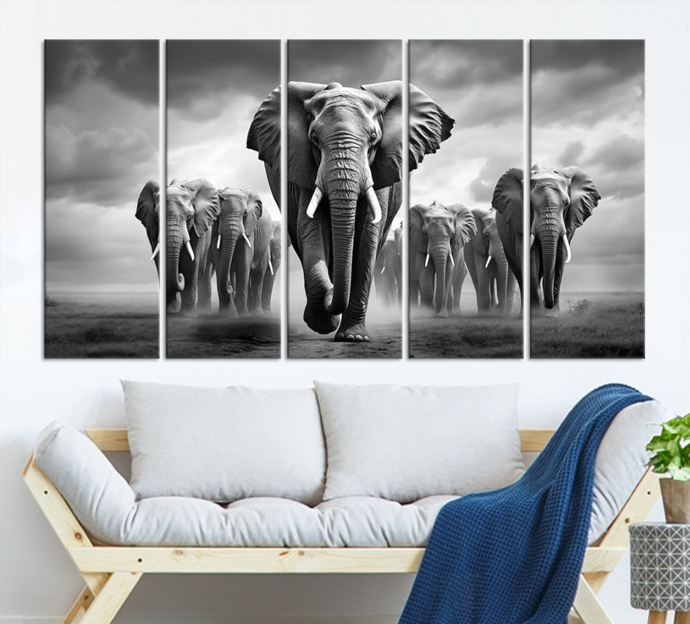 The Elephant Family Wall Art Canvas Print is displayed as a triptych. Each piece is gallery-wrapped on museum-quality canvases for an elegant finish.