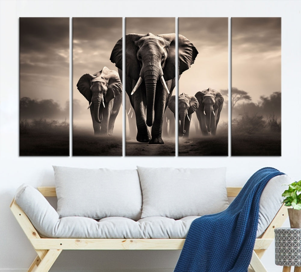 An Elephant Family Wall Art Canvas Print, designed with museum-quality canvas and a UV-protective coating, adorns the living room wall.