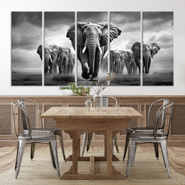 The Elephant Family Wall Art Canvas Print is displayed as a triptych. Each piece is gallery-wrapped on museum-quality canvases for an elegant finish.