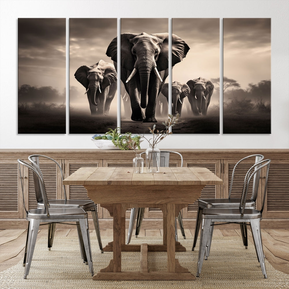 An Elephant Family Wall Art Canvas Print, designed with museum-quality canvas and a UV-protective coating, adorns the living room wall.