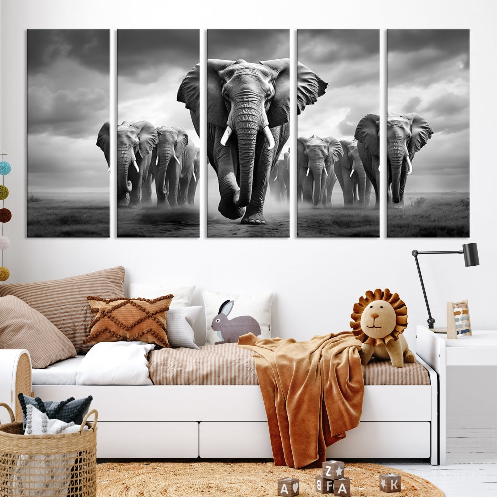 The Elephant Family Wall Art Canvas Print is displayed as a triptych. Each piece is gallery-wrapped on museum-quality canvases for an elegant finish.