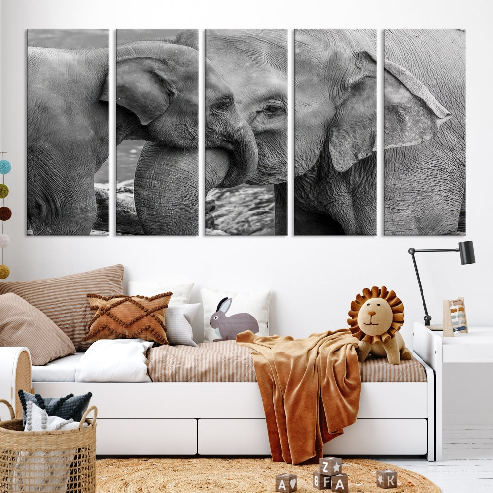 The Elephant Family Wall Art Canvas Print, depicting a black and white triptych of elephants embracing, is a museum-quality piece meticulously hand-assembled into framed art. This elegant canvas combines sophistication with the convenience of free shipping.