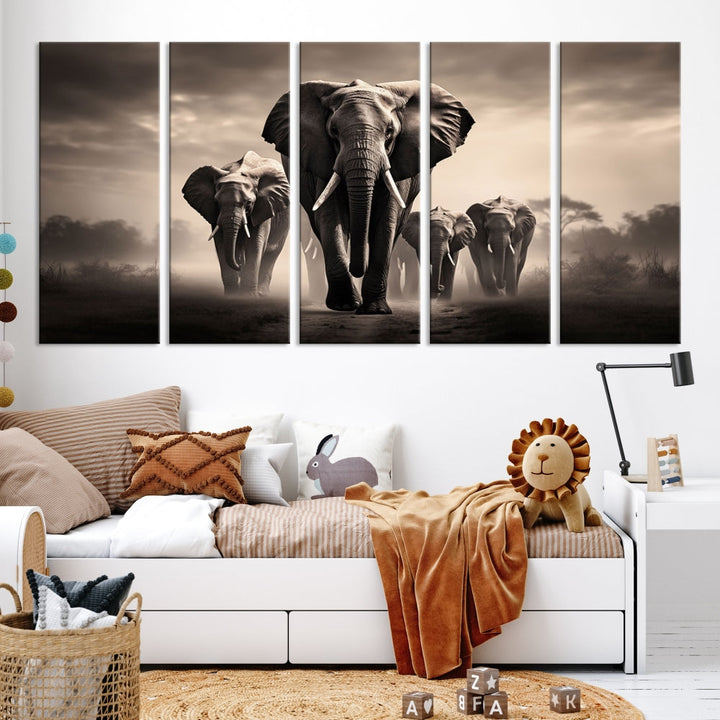 An Elephant Family Wall Art Canvas Print, designed with museum-quality canvas and a UV-protective coating, adorns the living room wall.