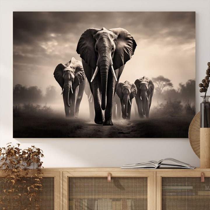 An Elephant Family Wall Art Canvas Print, designed with museum-quality canvas and a UV-protective coating, adorns the living room wall.